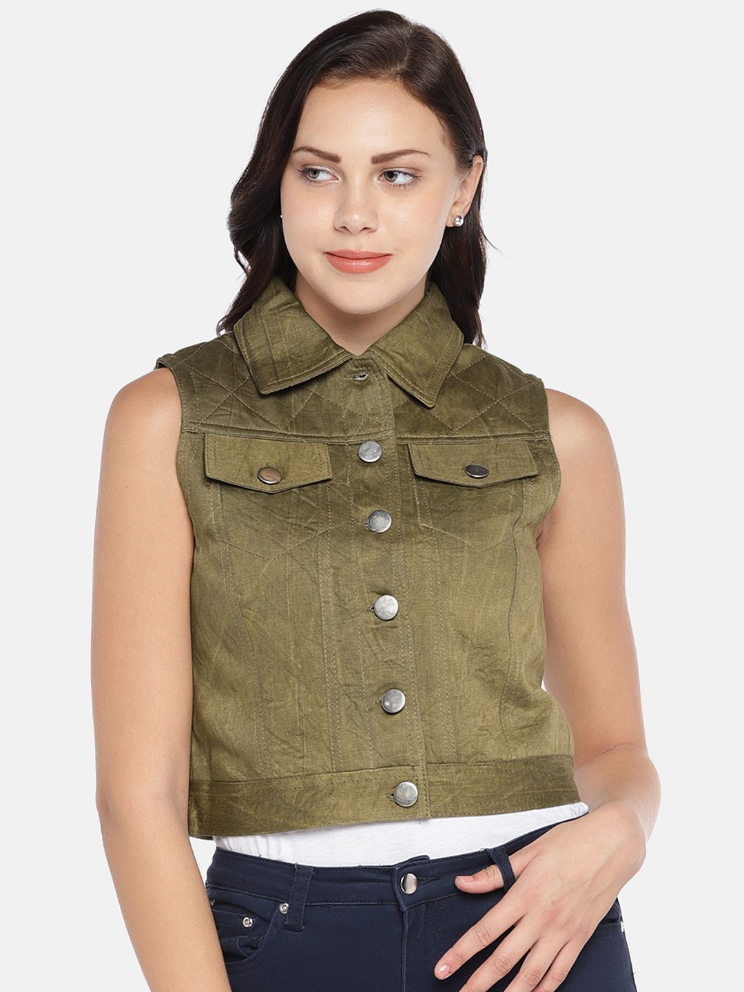 MERLOT Women Olive Green Solid Water Resistant Crop Denim Jacket Price in India