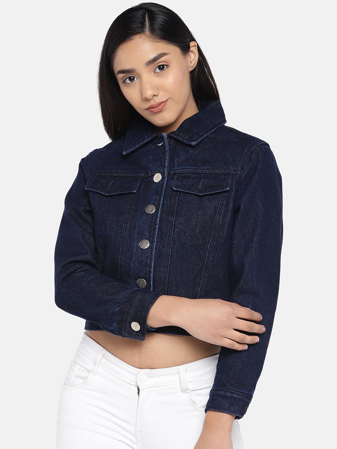 MERLOT Women Blue Solid Water Resistant Crop Denim Jacket Price in India