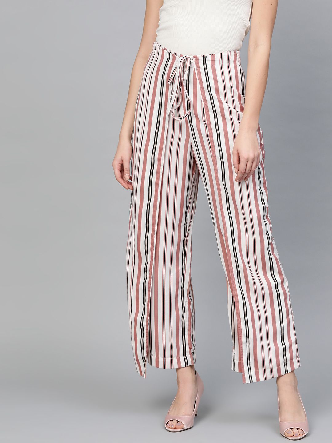 Popnetic Women White & Pink Loose Fit Striped Layered Parallel Trousers Price in India