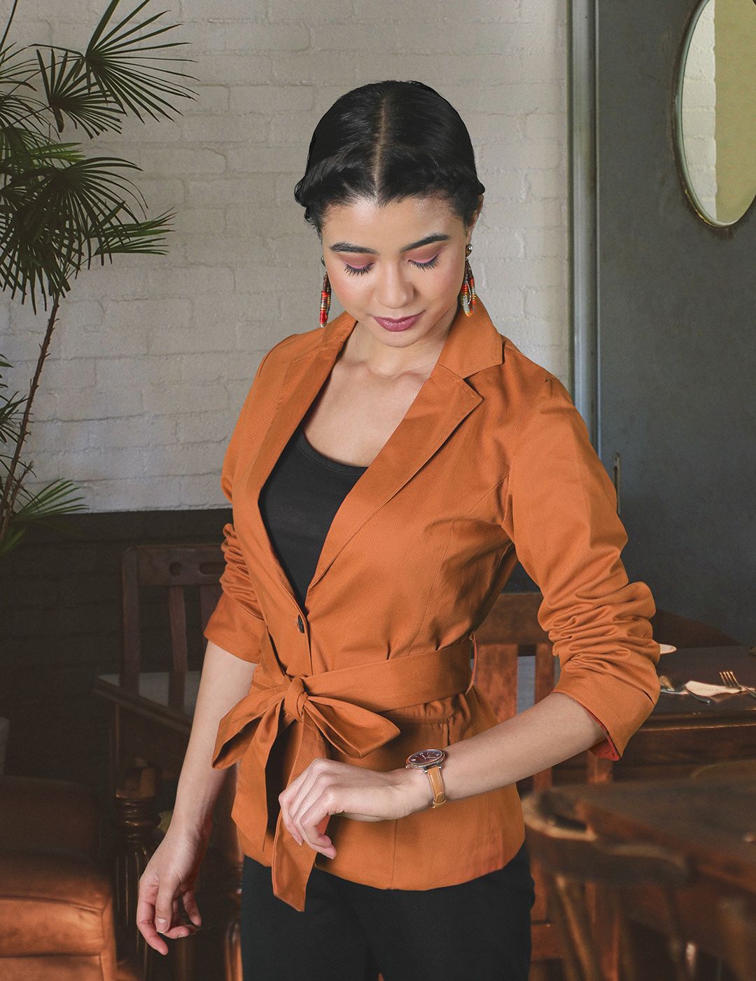 Popnetic Women Rust Orange Solid Casual Pure Cotton Blazer Price in India