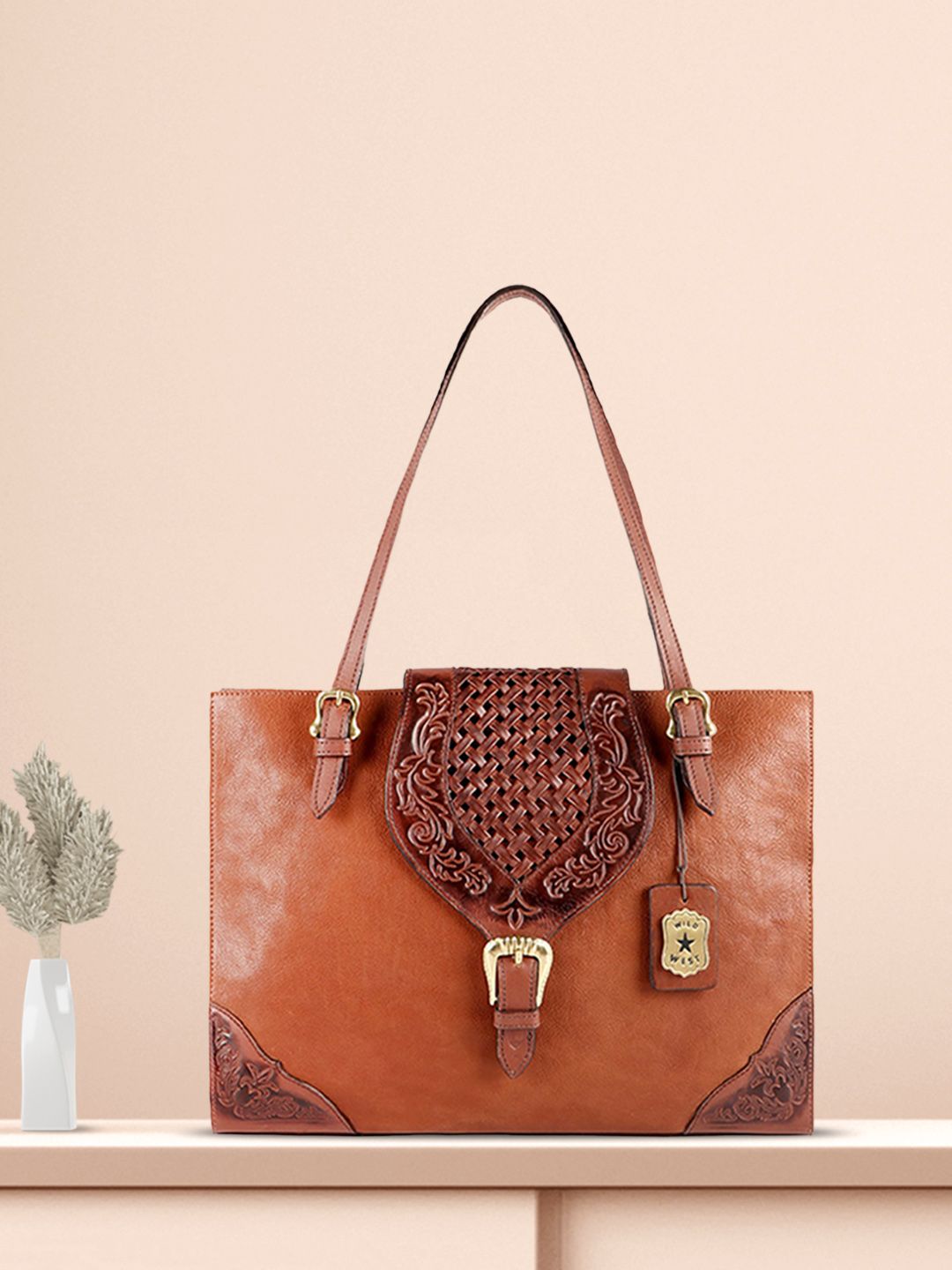 Hidesign Tan Brown Textured Leather Handheld Bag Price in India