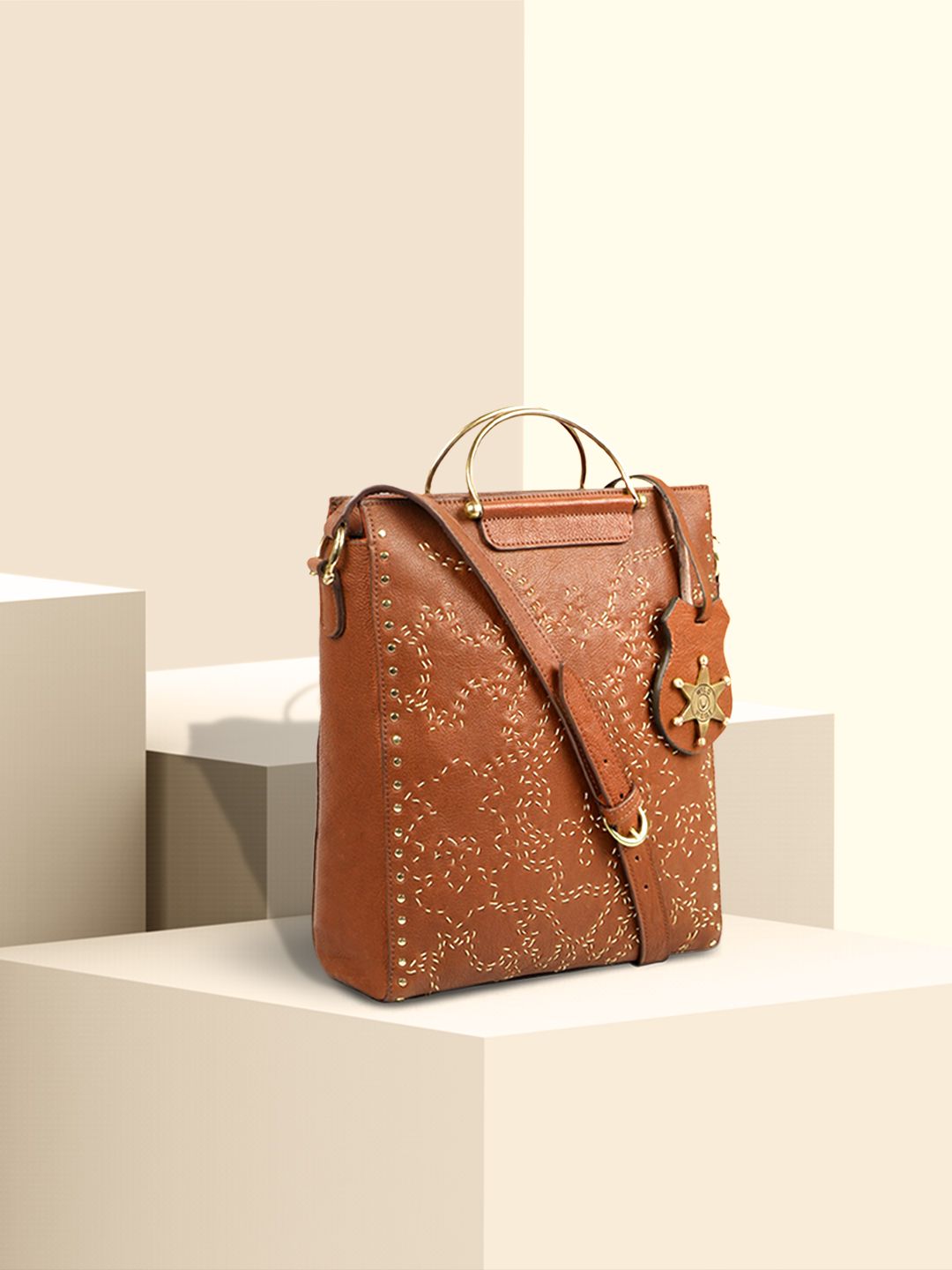 Hidesign Tan Brown Self Design Leather Sling Bag Price in India