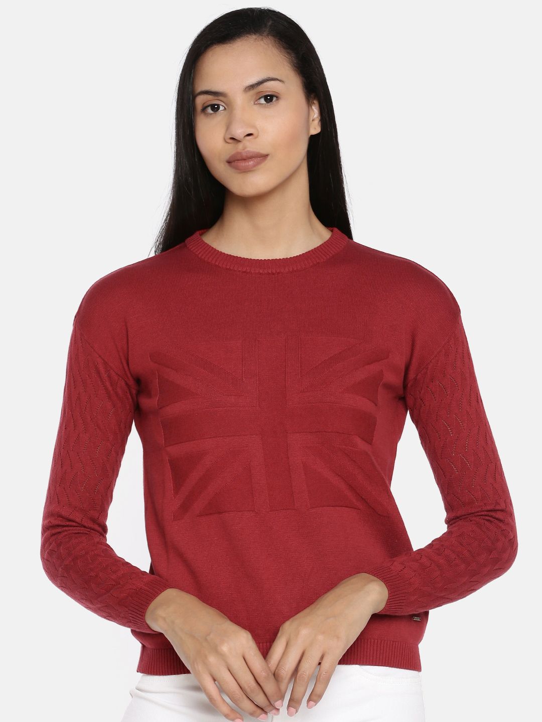 Pepe Jeans Women Maroon Solid Pullover Sweater Price in India