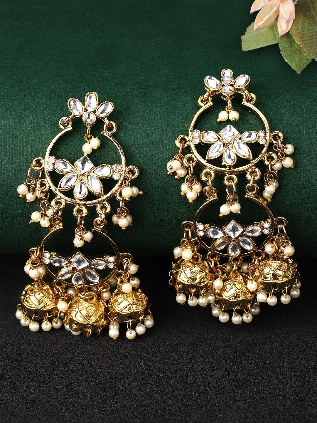 Rubans Gold-Plated & Silver-Toned Kundan Classic Jhumkas Price in India