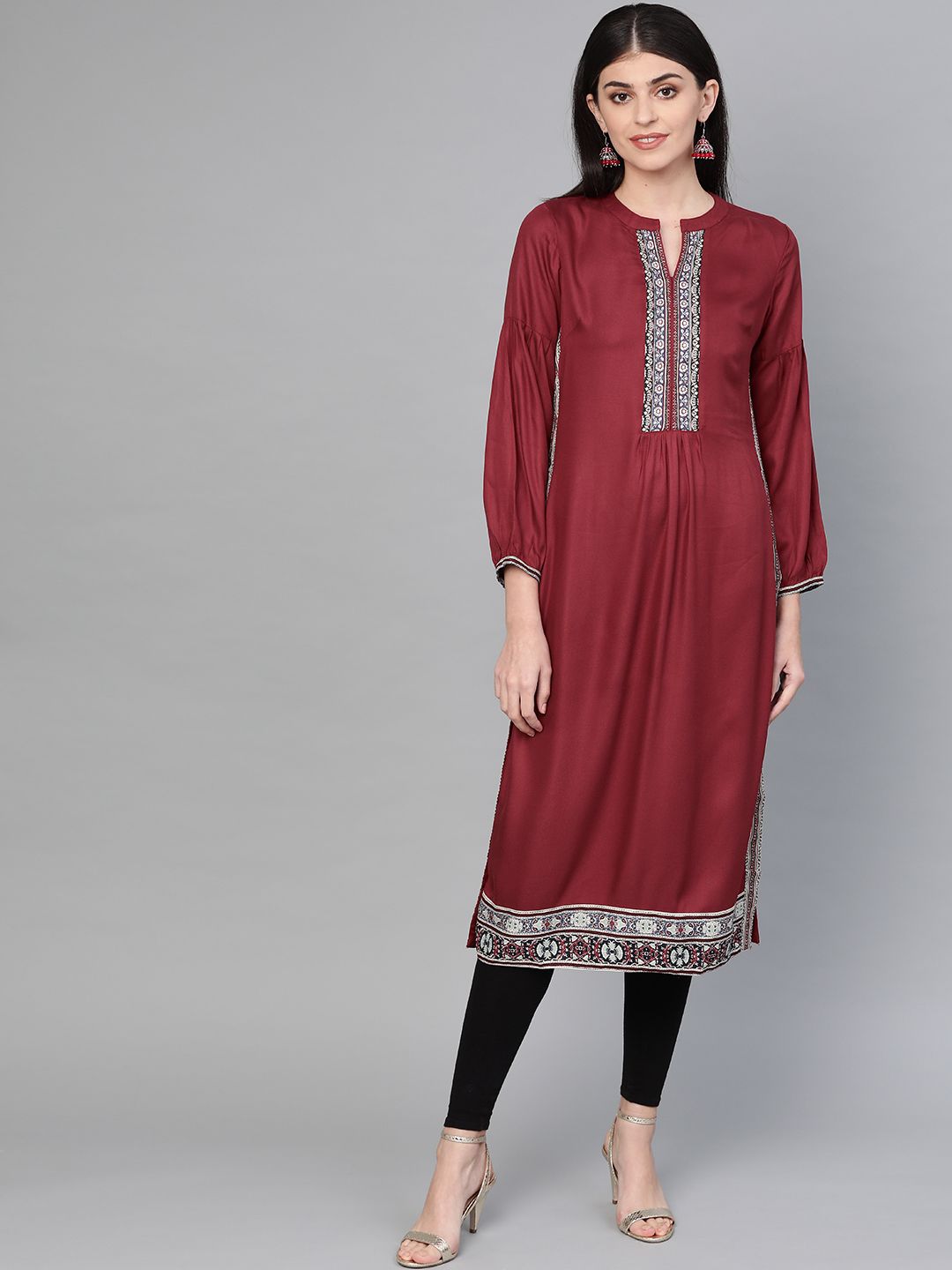 Biba Women Maroon Solid Straight Kurta