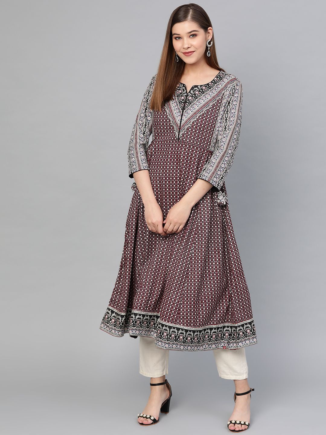 Biba Women Black & Maroon Printed A-Line Kurta