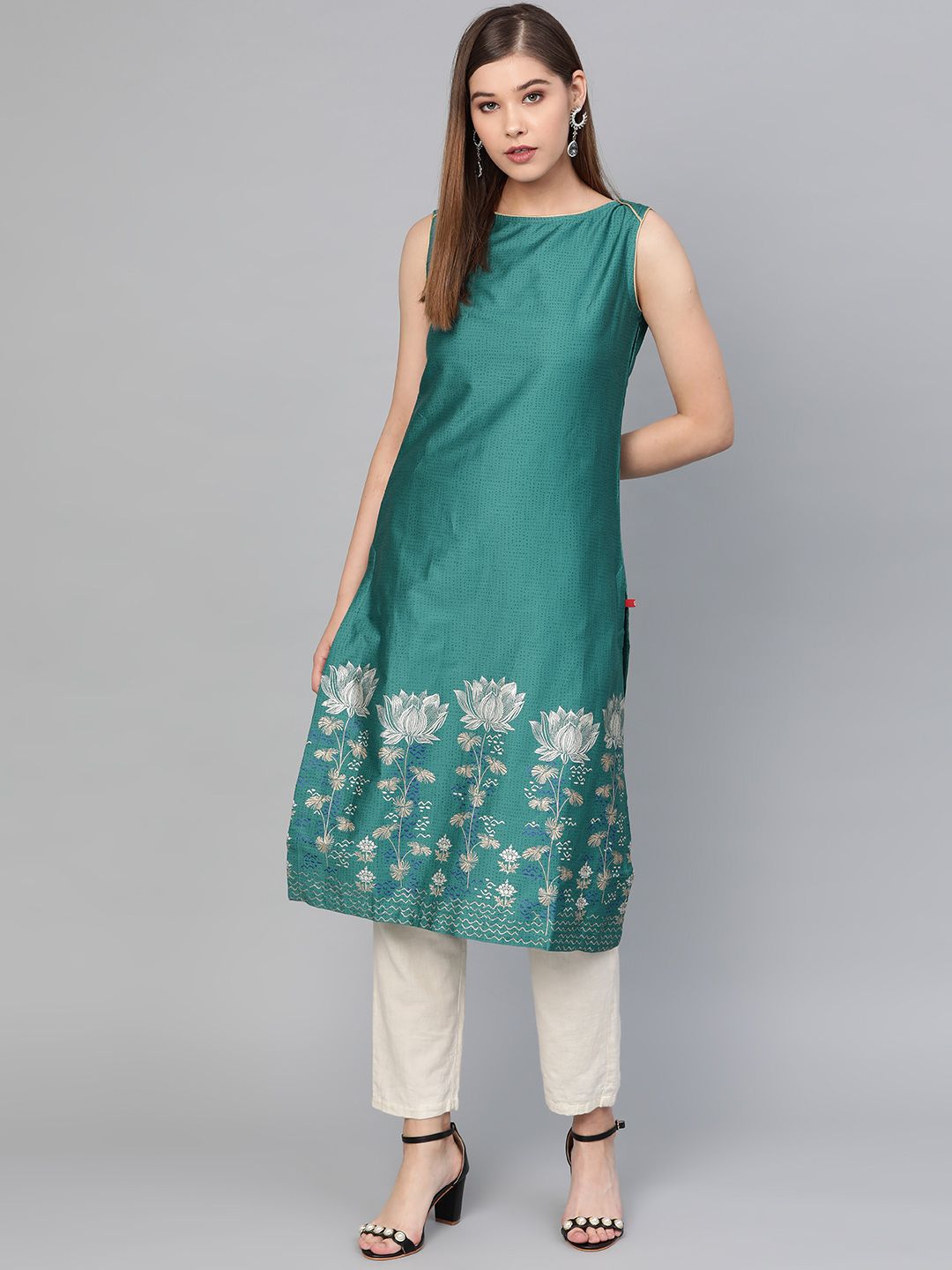 Biba Women Teal Green Floral Foil Print Straight Kurta