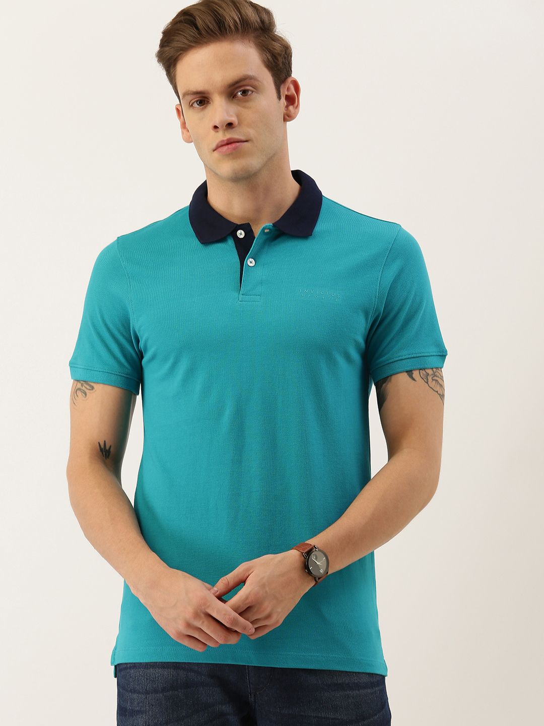 INVICTUS Men Turquoise Blue Solid Polo Collar T-shirt