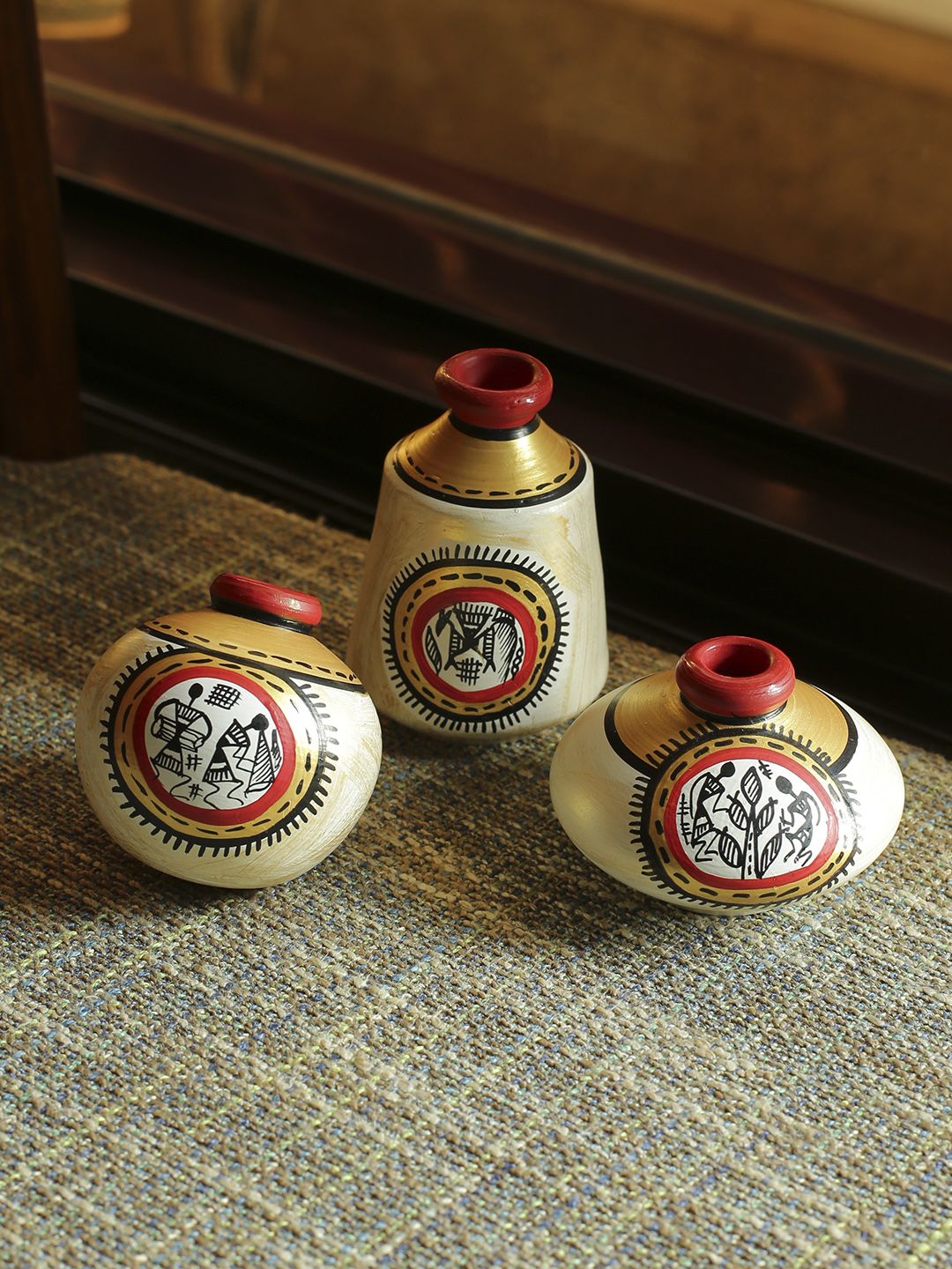 ExclusiveLane Terracotta Warli Handpainted Miniature Natural White Pots (Set Of 3) Price in India