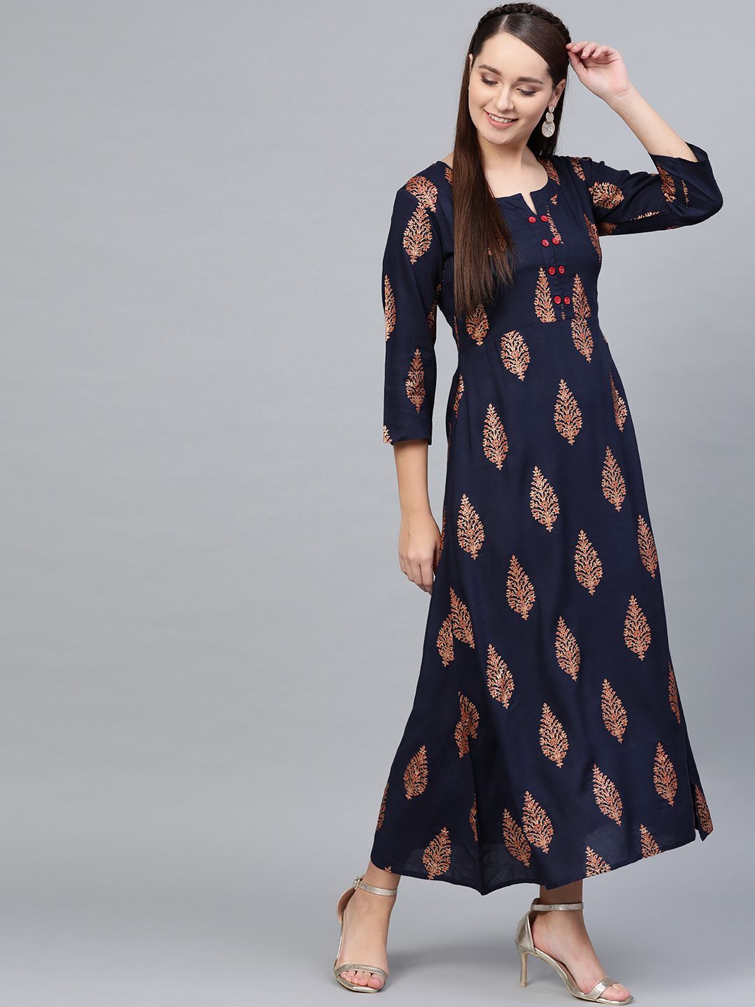 Myshka Women Navy Blue & Orange Printed Maxi A-Line Dress Price in India