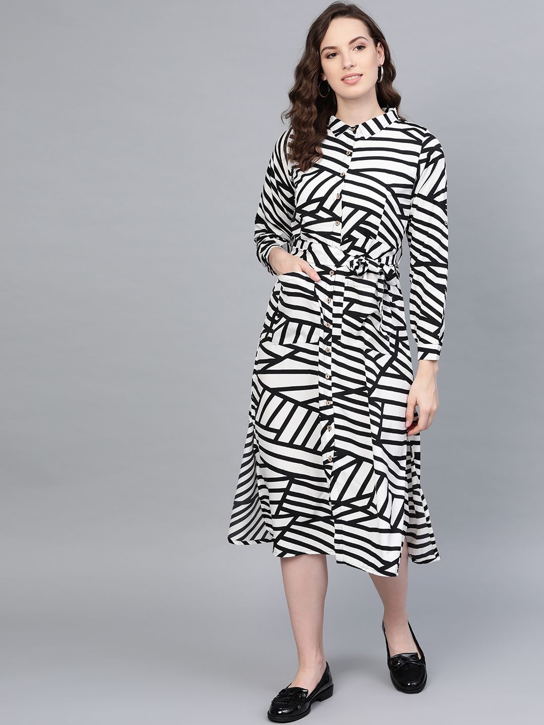 Myshka Women White & Black Printed Midi Shirt Dress Price in India