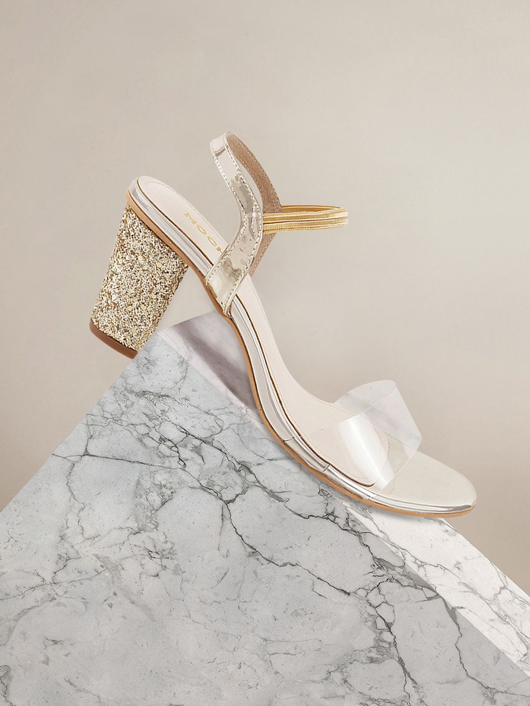 Mochi Women Gold-Toned & Transparent Solid Block Heels Price in India