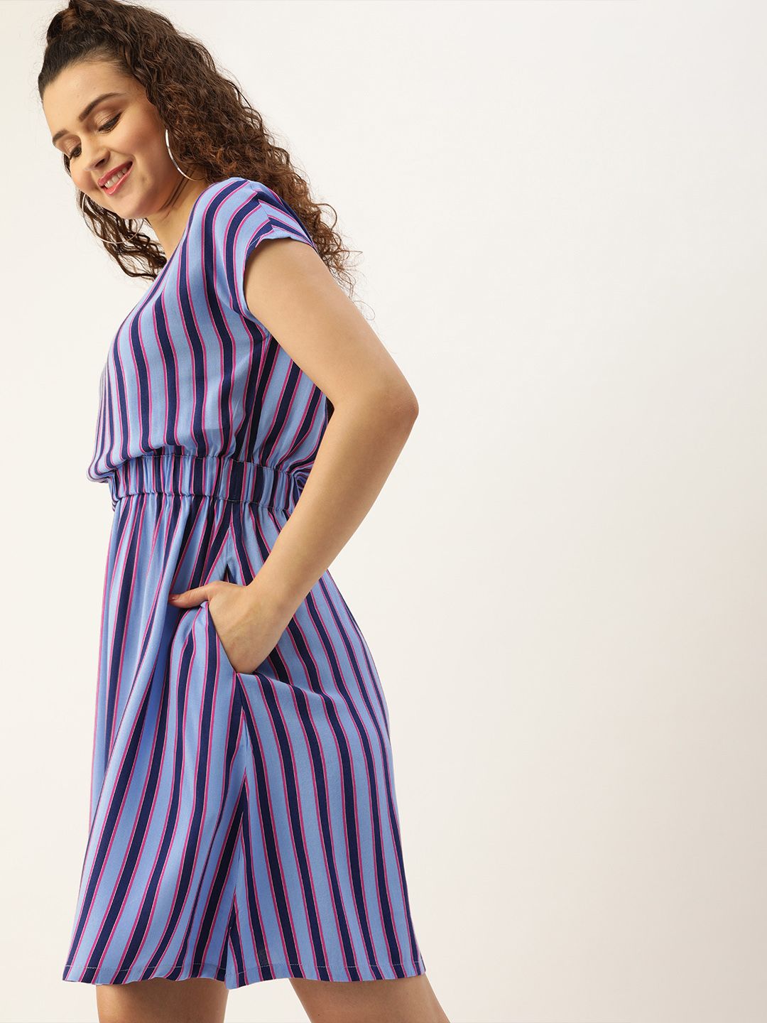 DressBerry Blue & Pink Striped Fit and Flare  Sustainable ECOVERO Dress With Gathered Detail Price in India