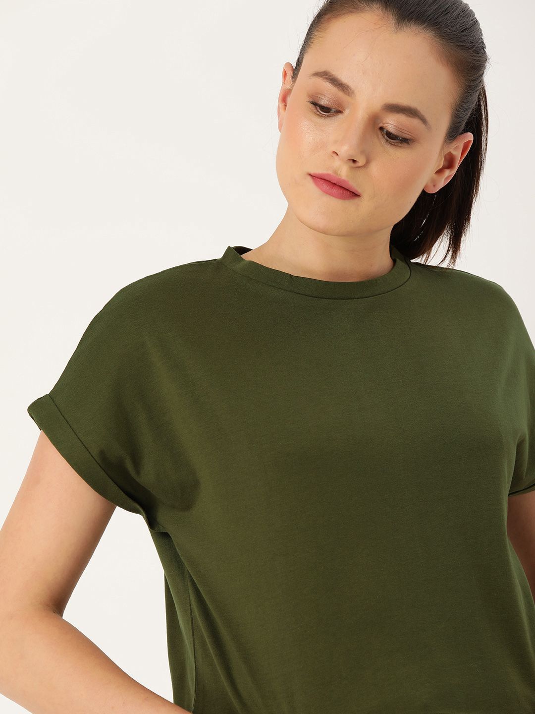 DressBerry Women Olive Green Solid Round Neck Pure Cotton T-shirt Price in India