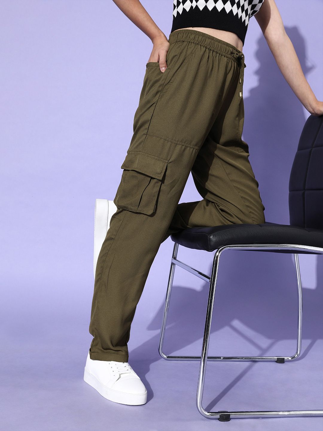 DressBerry Women Lovely Olive Solid Y2K Cargo Trousers Price in India