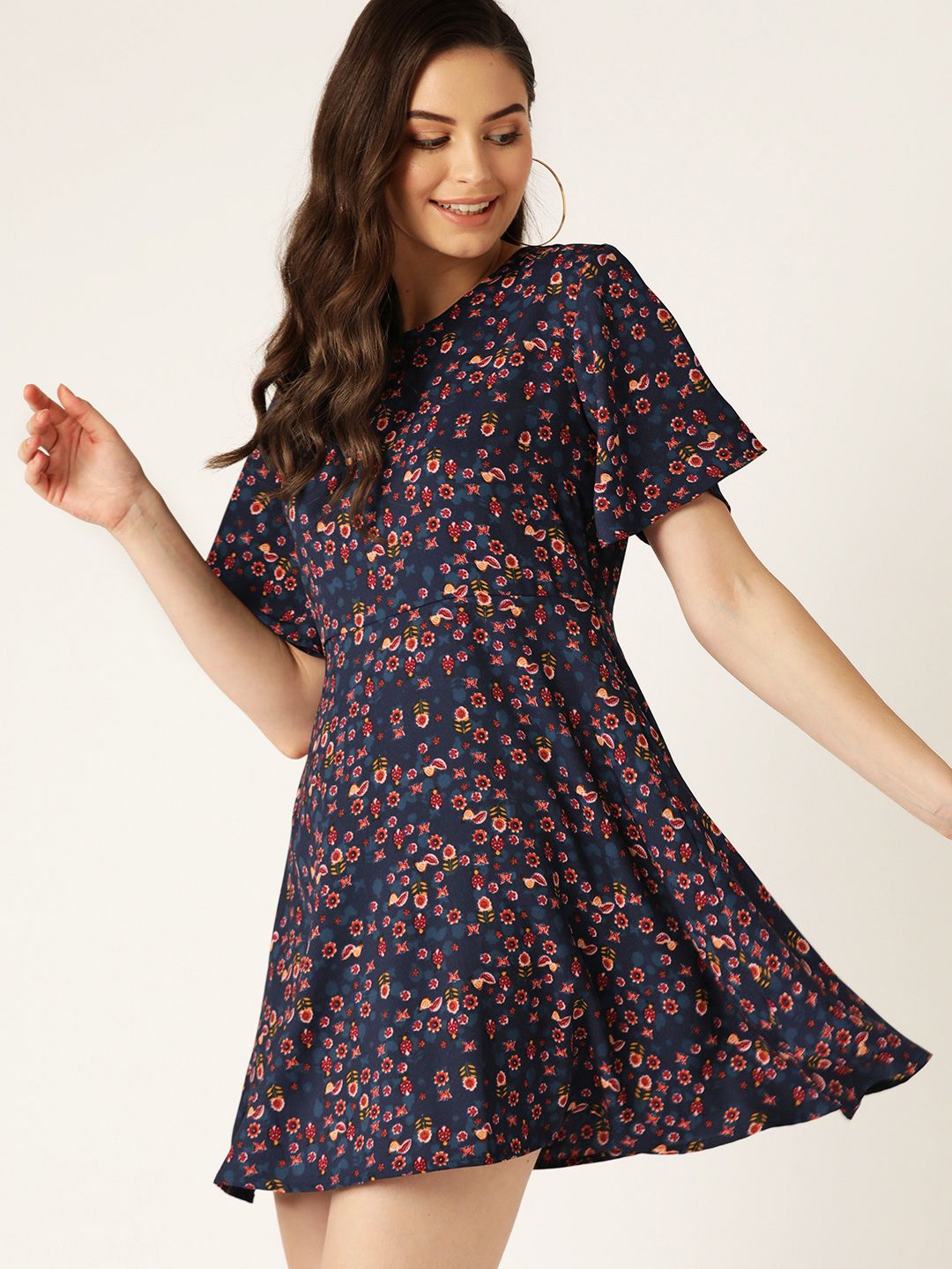 DressBerry Women Navy Blue & Maroon Floral Printed A-Line Dress