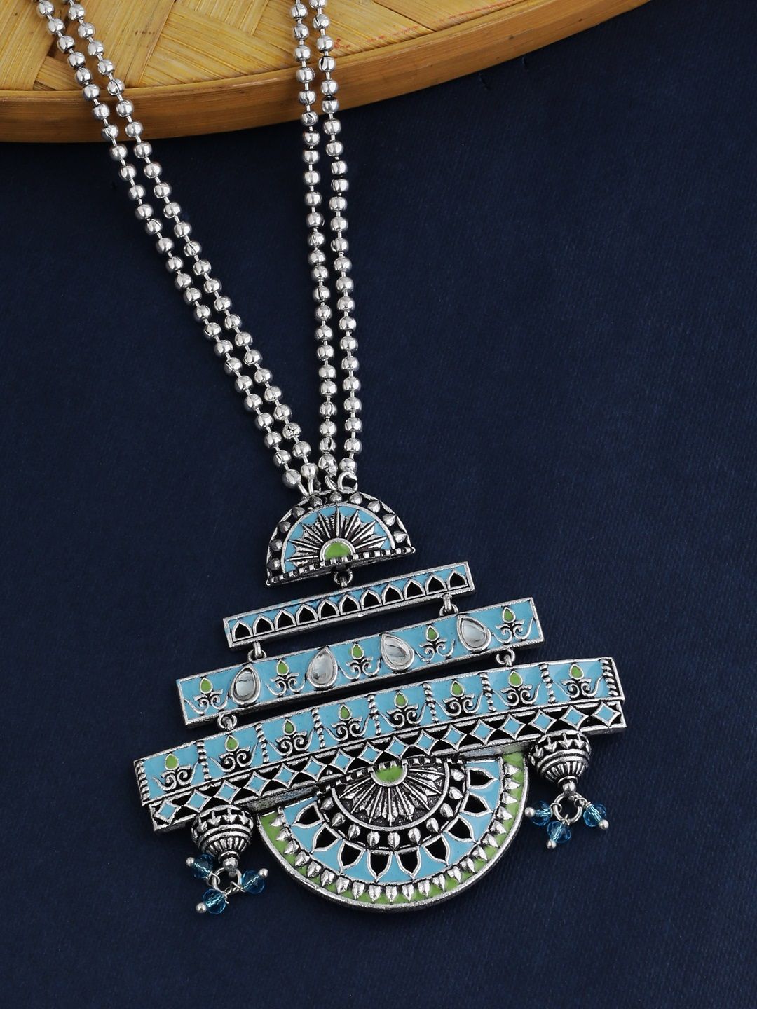 Studio Voylla Silver-Plated & Turquoise Blue Brass Oxidised Necklace Price in India