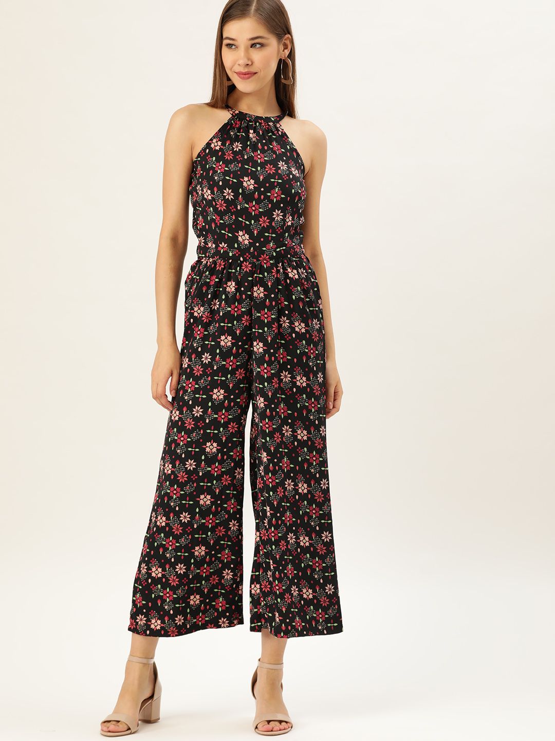 DressBerry Women Black & Pink Floral Printed Cropped Basic Jumpsuit Price in India