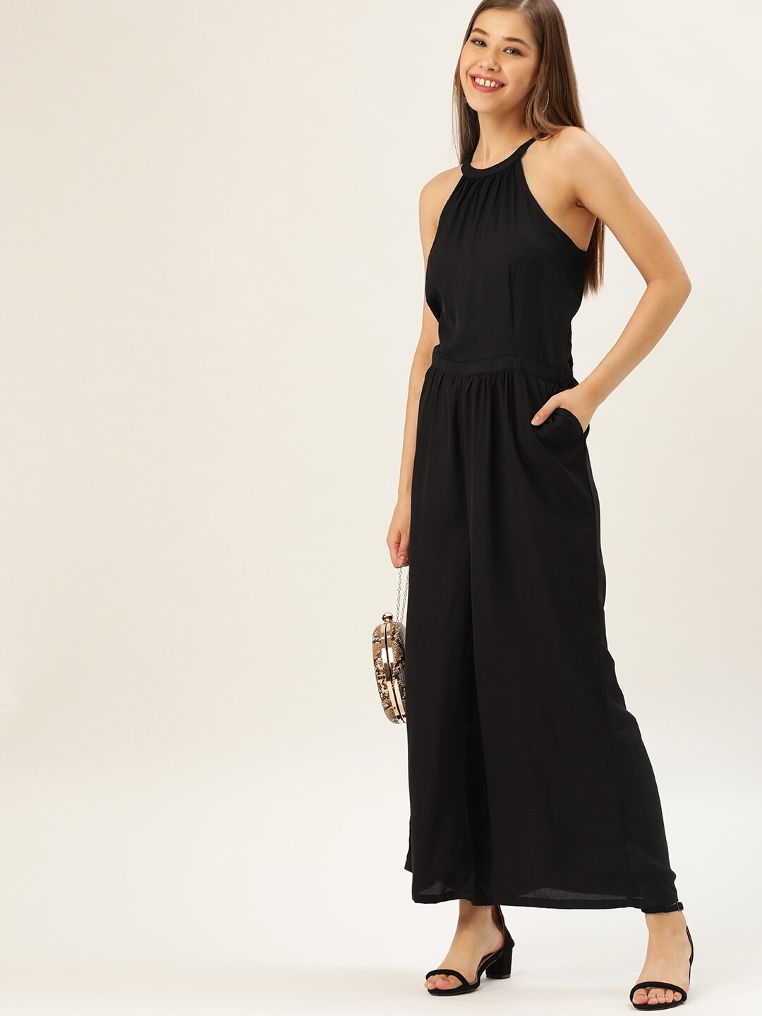 DressBerry Women Black Solid Basic Jumpsuit Price in India