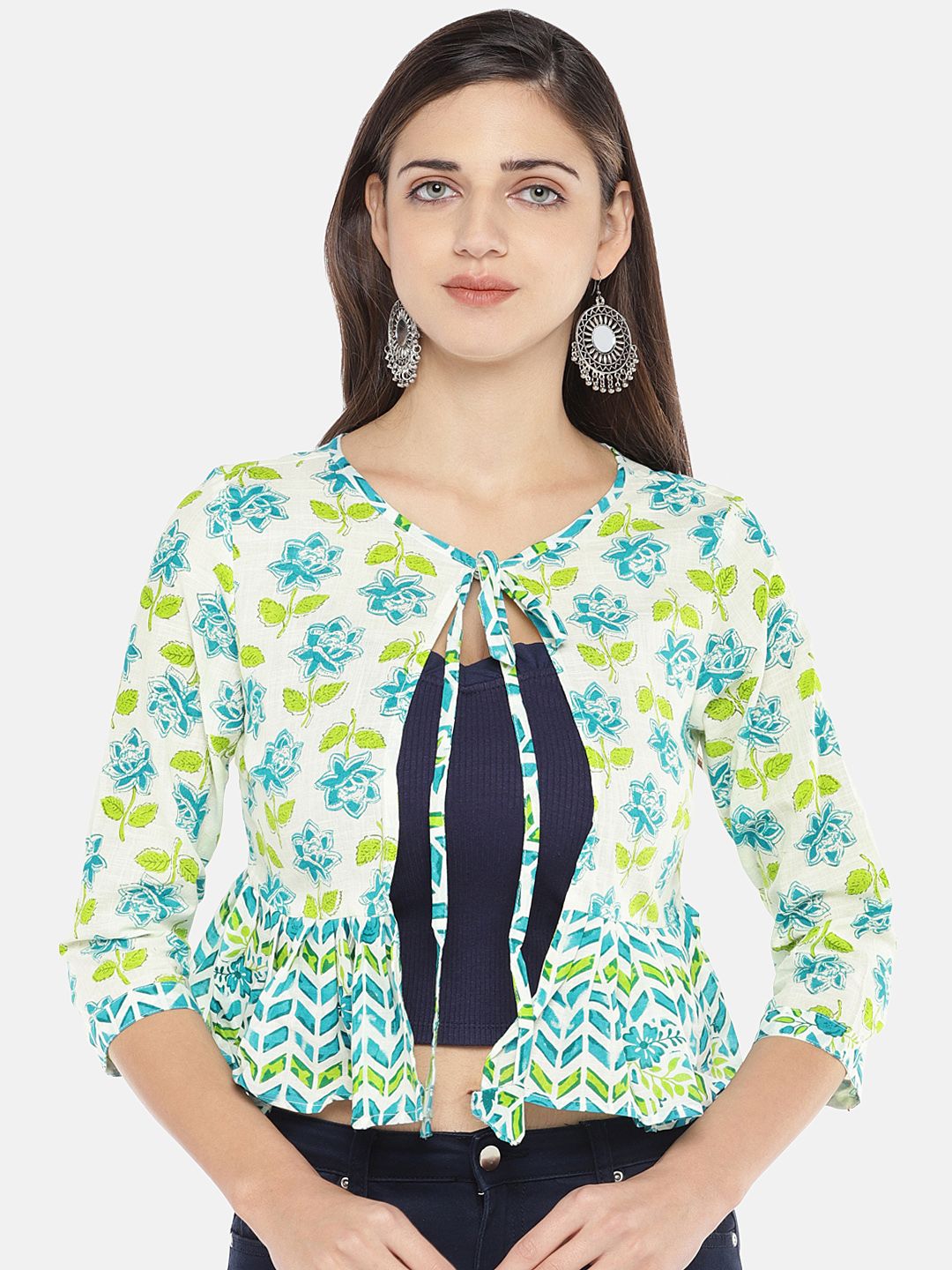 Globus Women Blue & White Printed Tie-Up Shrug
