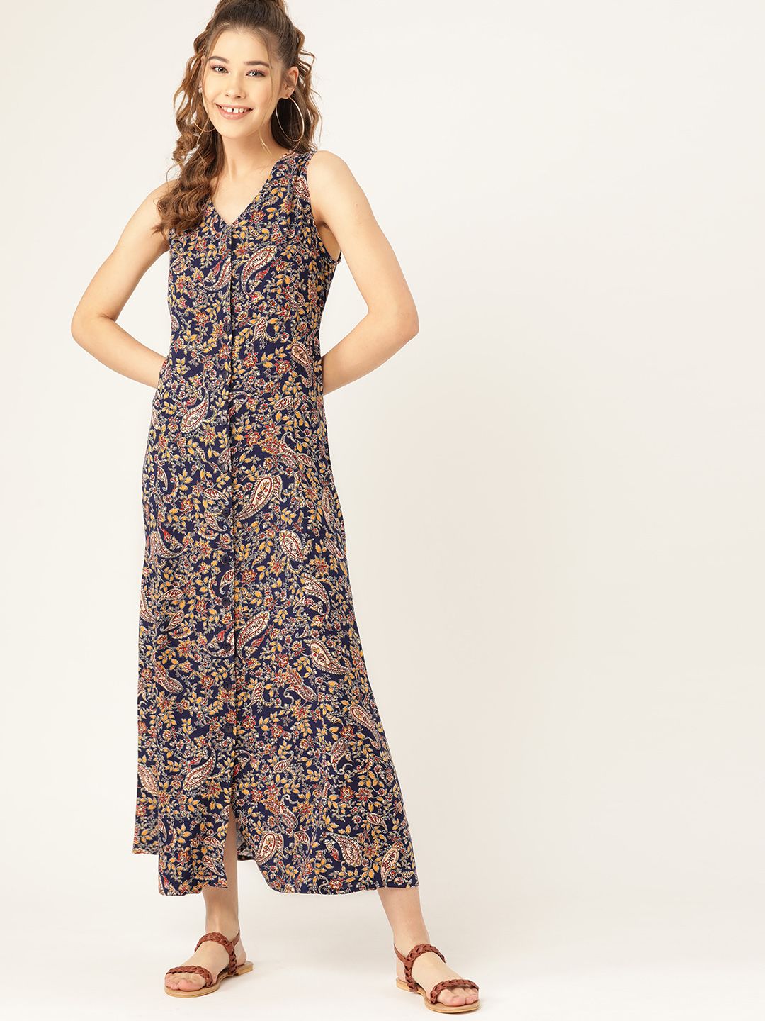 DressBerry Women Navy Blue & Mustard Yellow Printed Maxi Dress