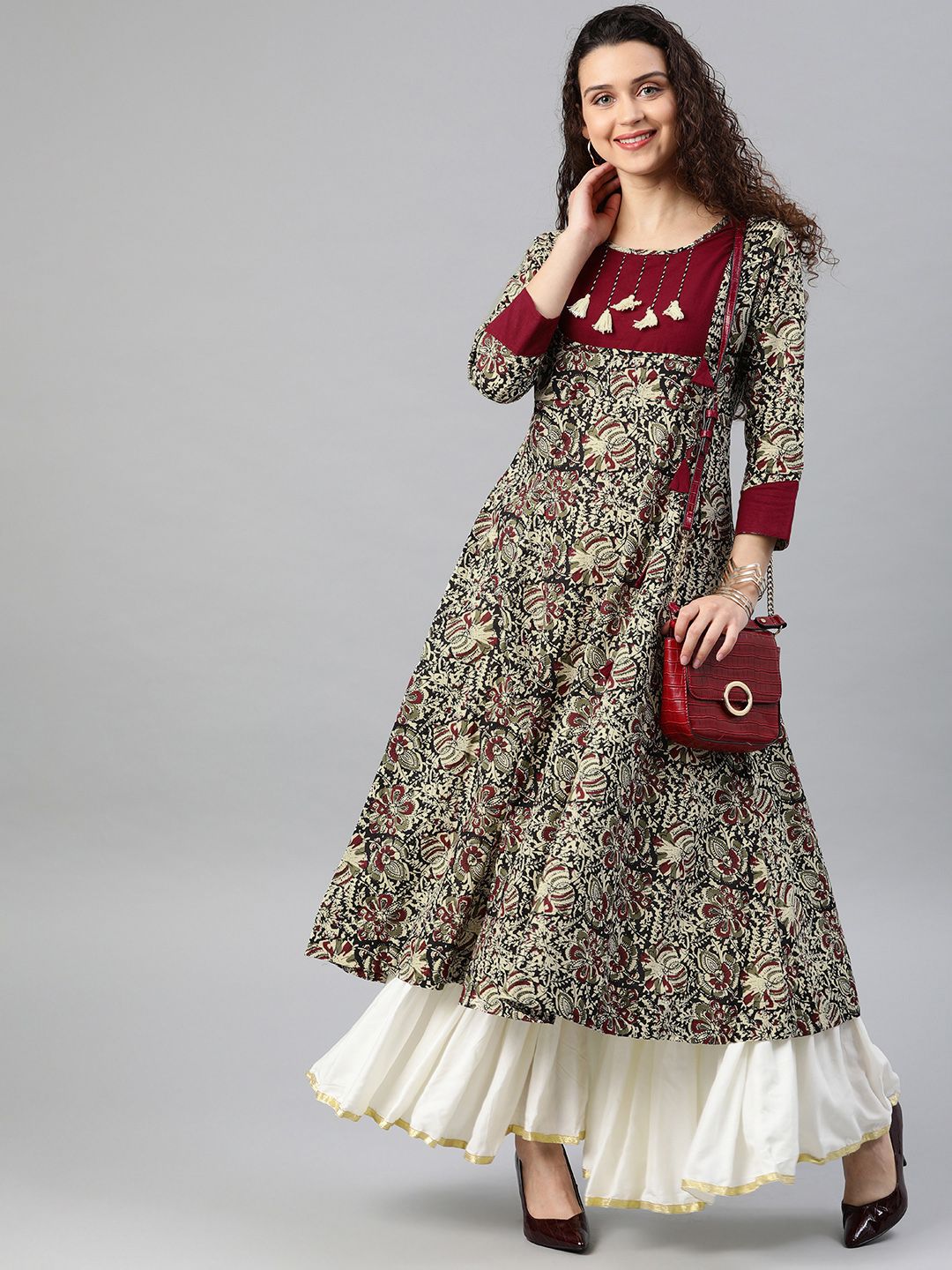 YASH GALLERY Women Off-White & Maroon Printed Anarkali Kurta