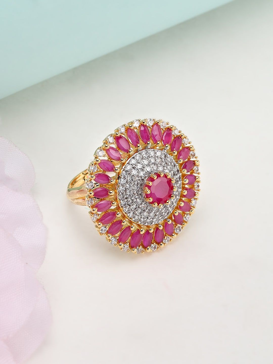 Rubans Women Pink & Gold-Toned Stone Studded Statement Adjustable Ring Price in India