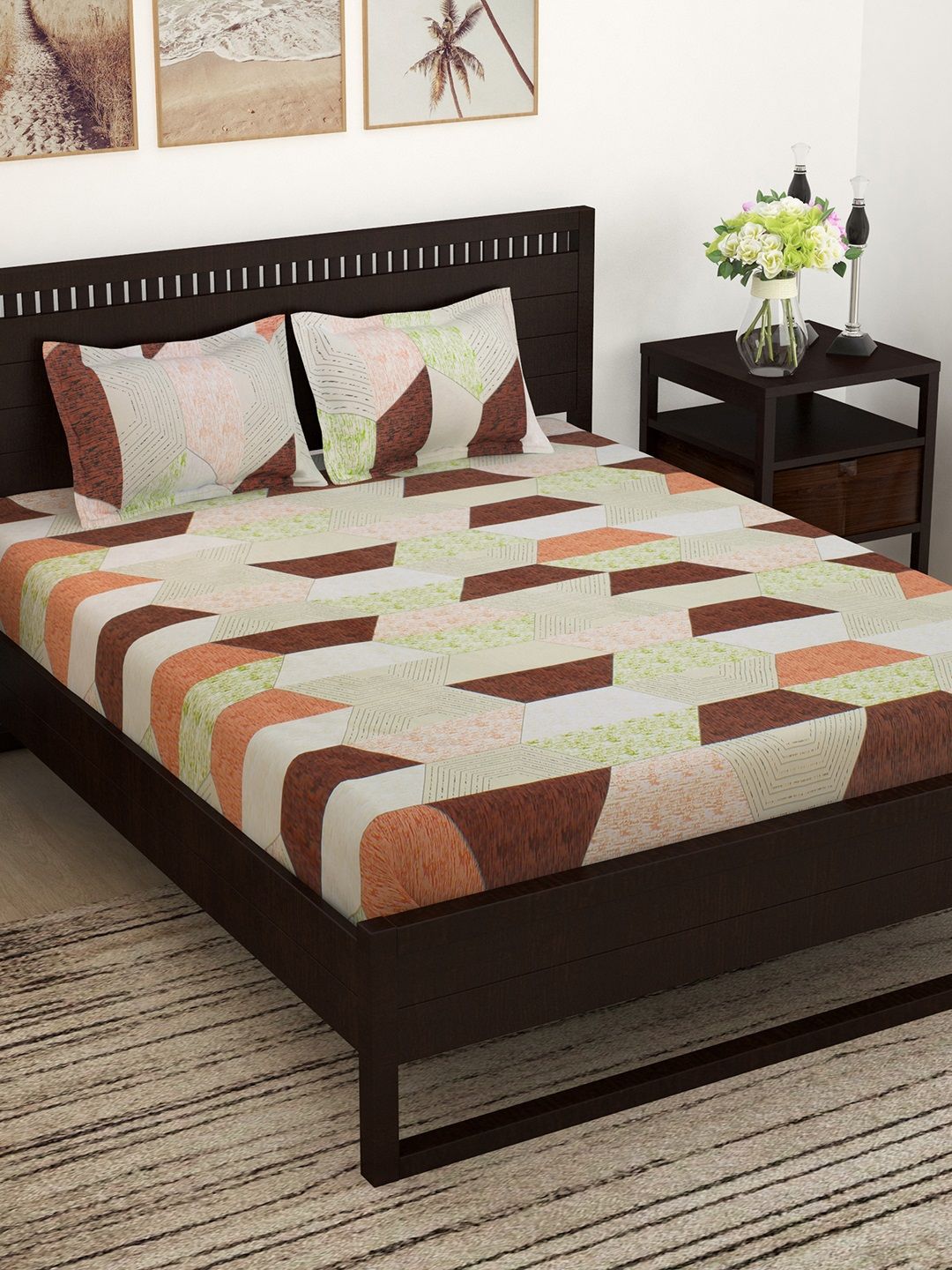 Story@home Brown & Green Geometric 150 TC Cotton 1 King Bedsheet with 2 Pillow Covers Price in India