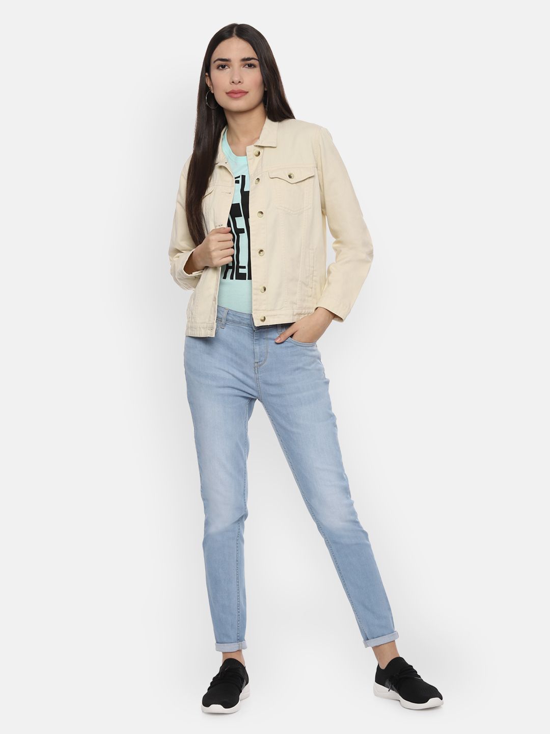 Buy People Women Cream-Coloured Solid Denim Jacket - Jackets for