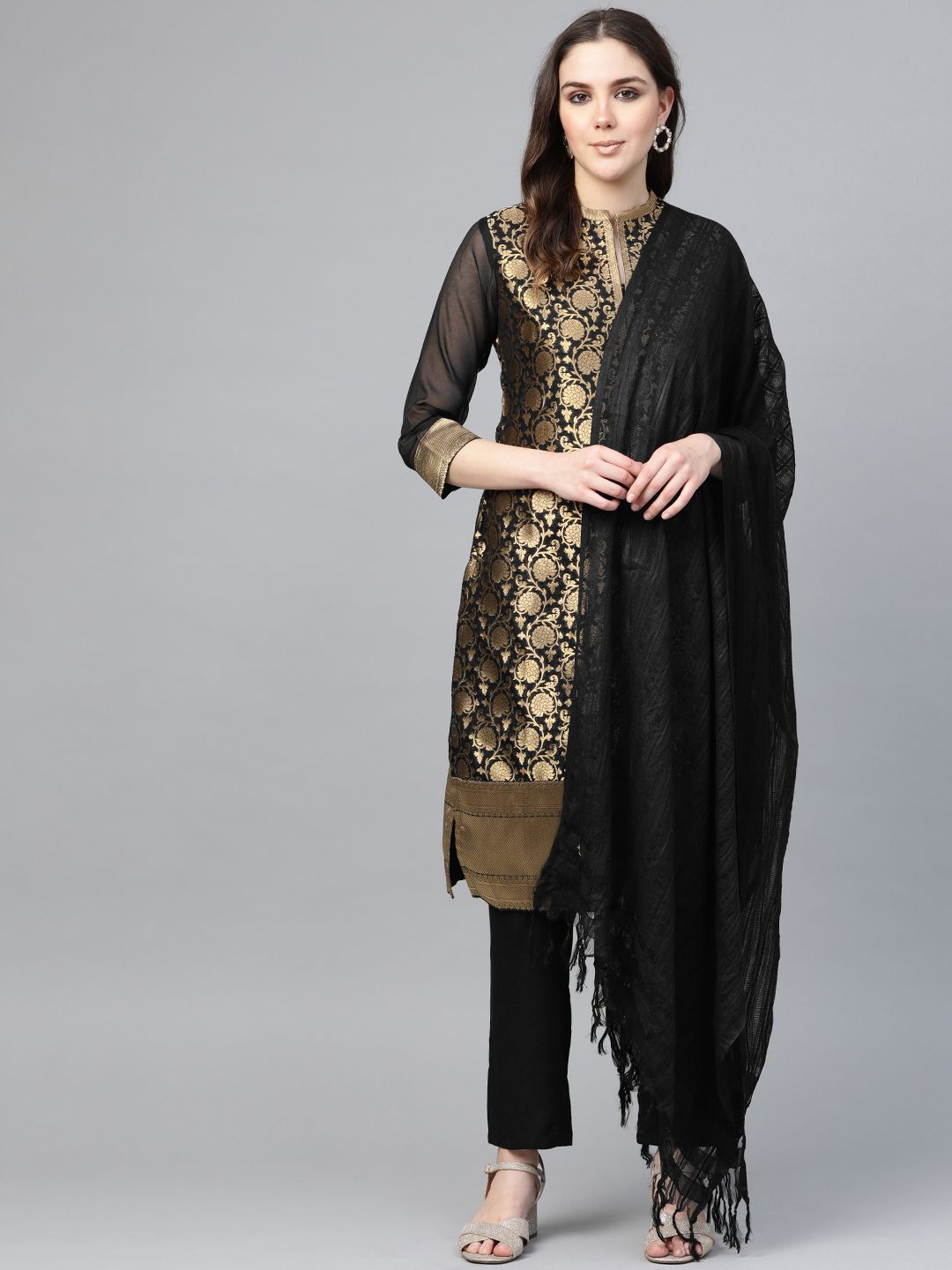 Biba Women Black & Golden Printed Kurta with Trousers & Dupatta