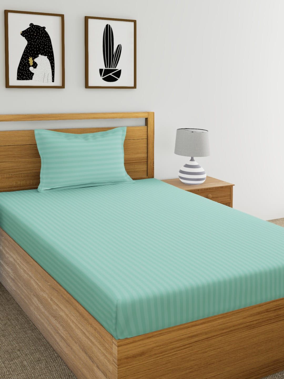 Dreamscape Sea Green Striped 220 TC Cotton 1 Single Bedsheet with 1 Pillow Covers Price in India