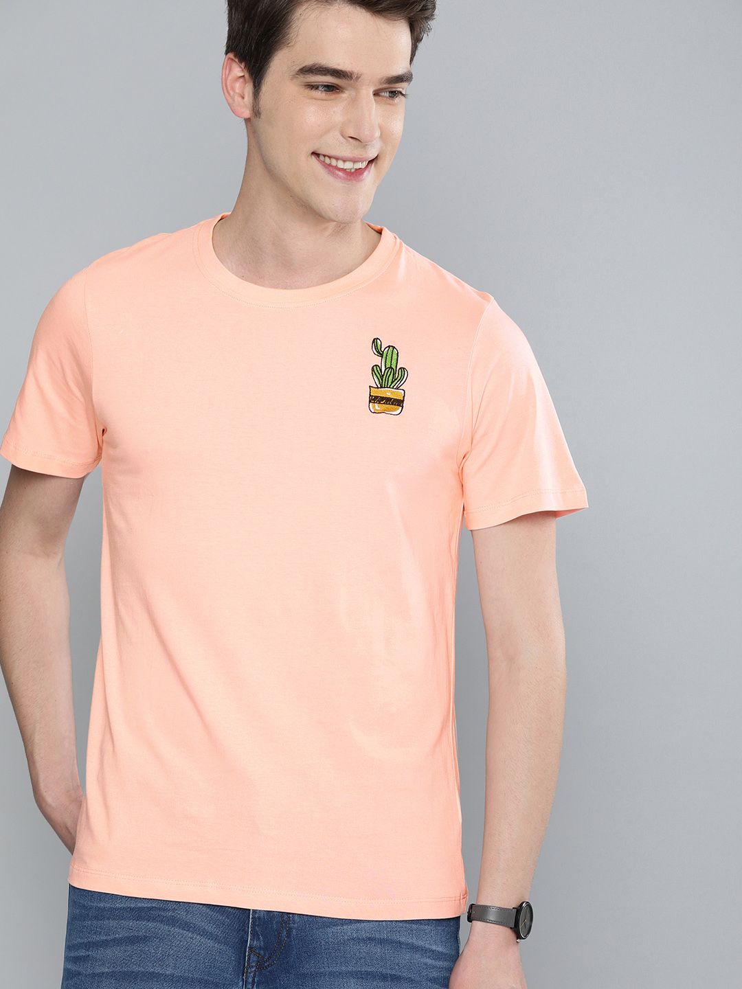 Mast & Harbour Mast Harbour Men Peach-Coloured Solid Round Neck Pure Cotton T-shirt