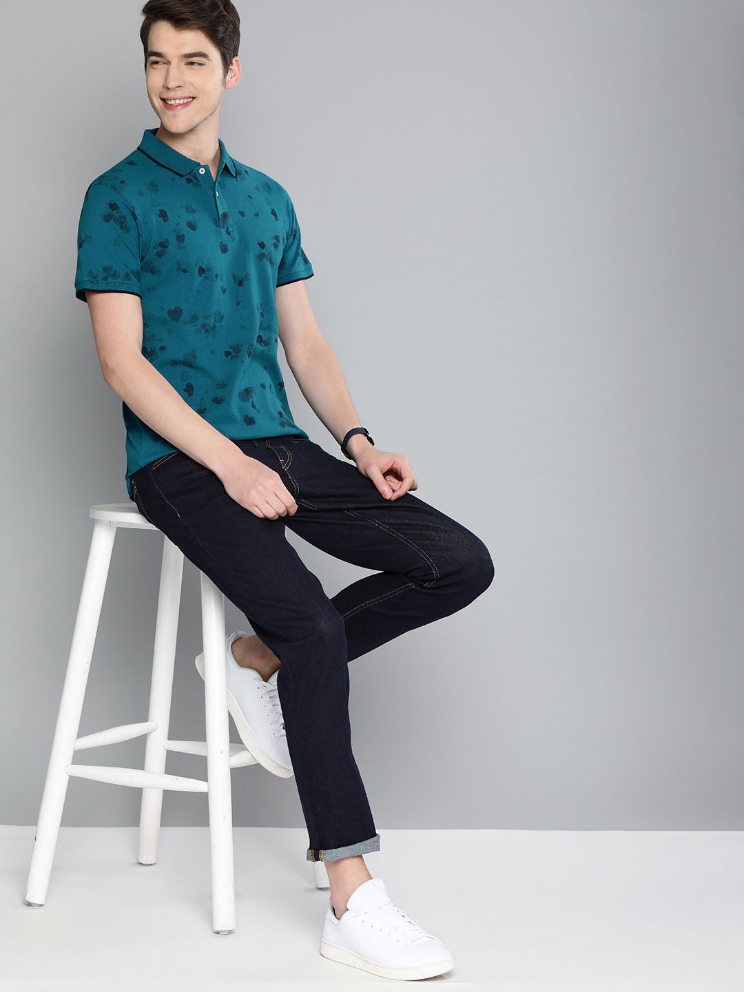 Mast & Harbour Mast Harbour Men Teal Printed Polo Collar Cotton T-shirt