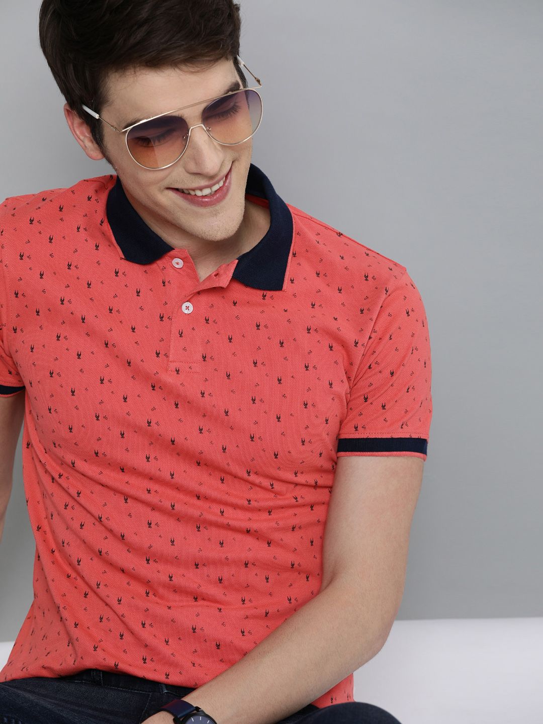 Mast & Harbour Men Coral Orange Printed Polo Collar T-shirt