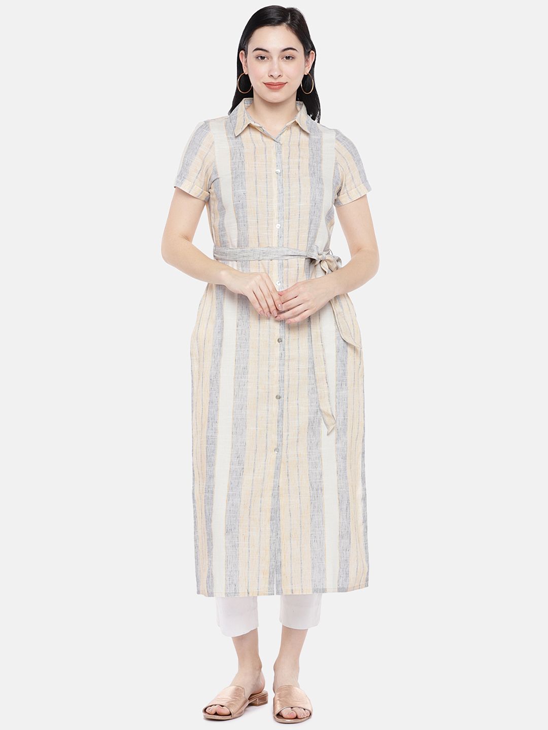 Prakrti Yellow & Grey Striped Cotton Linen Tunic Price in India