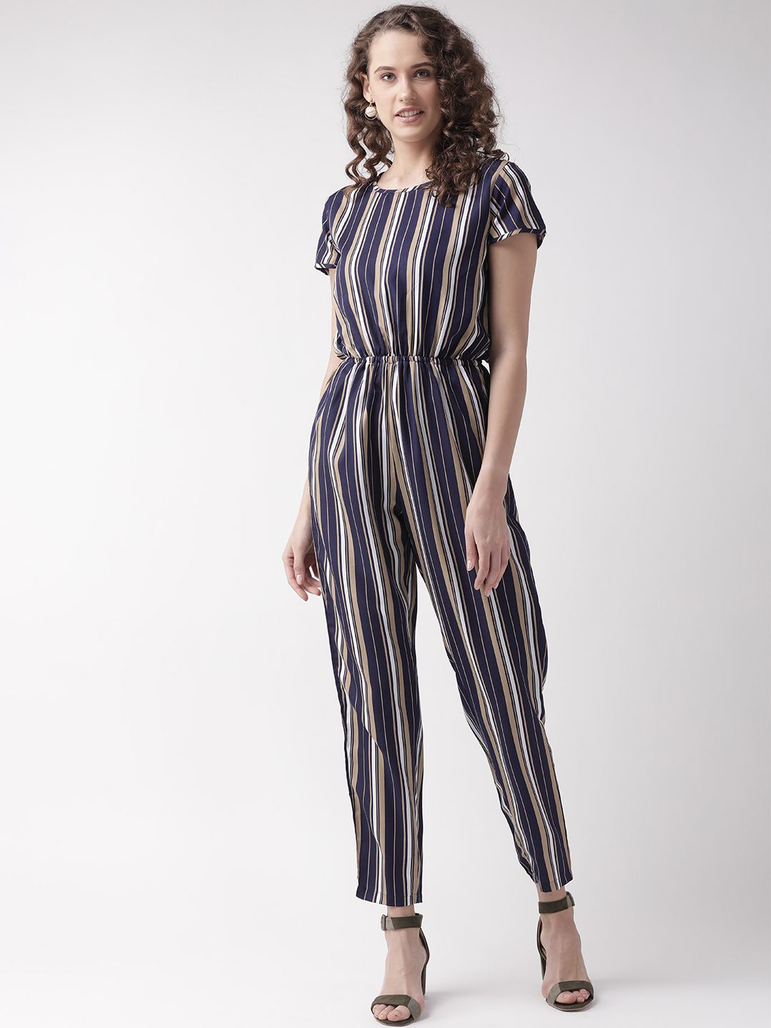 U&F Women Navy Blue & Beige Striped Basic Jumpsuit Price in India