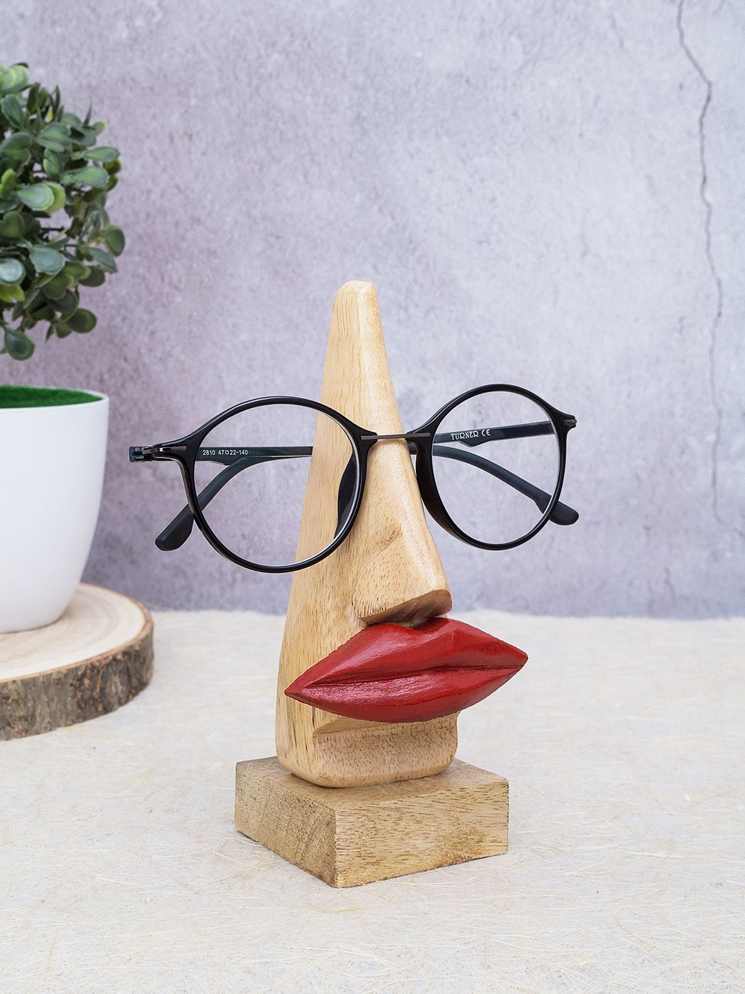 Golden Peacock Brown & Red Handmade Wooden Nose-Lips Shaped Spectacle Holder Showpiece Price in India