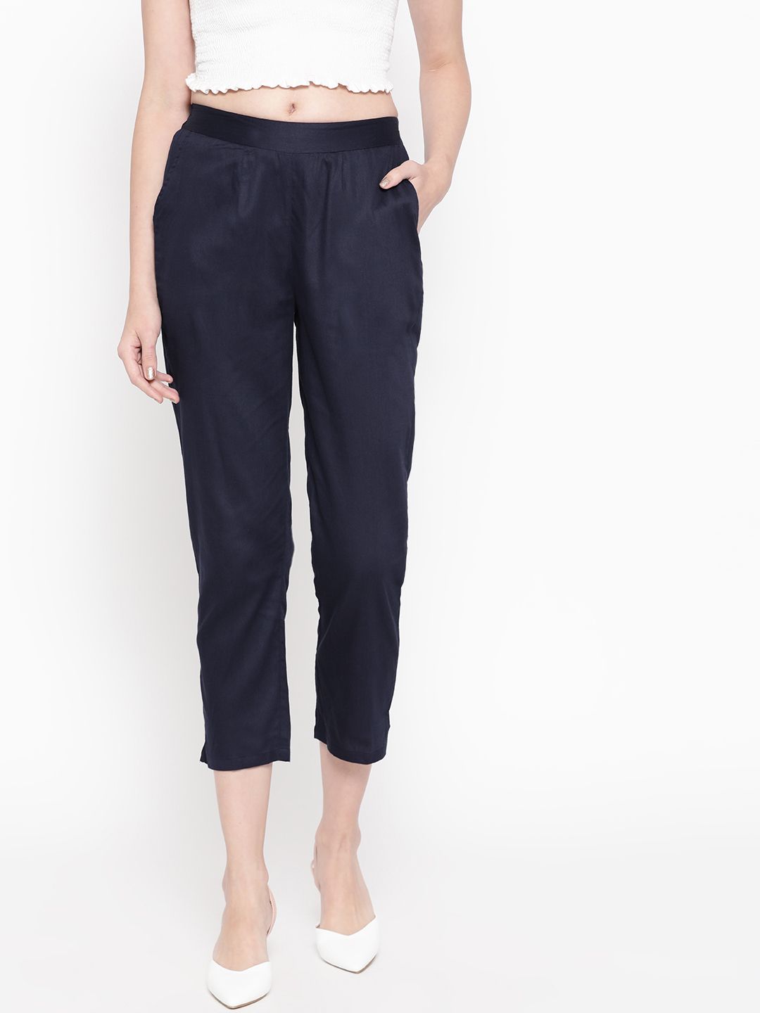 Be Indi Women Navy Blue Regular Fit Solid Regular Trousers Price in India