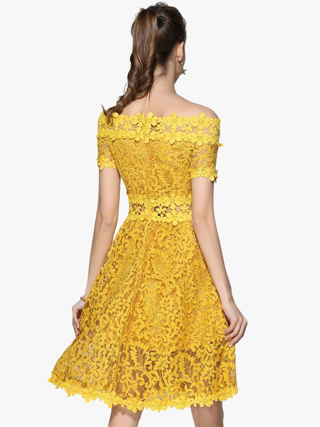slim fit dress slacks Yellow Sleeveless Fit and Flare Lace Dress for Women