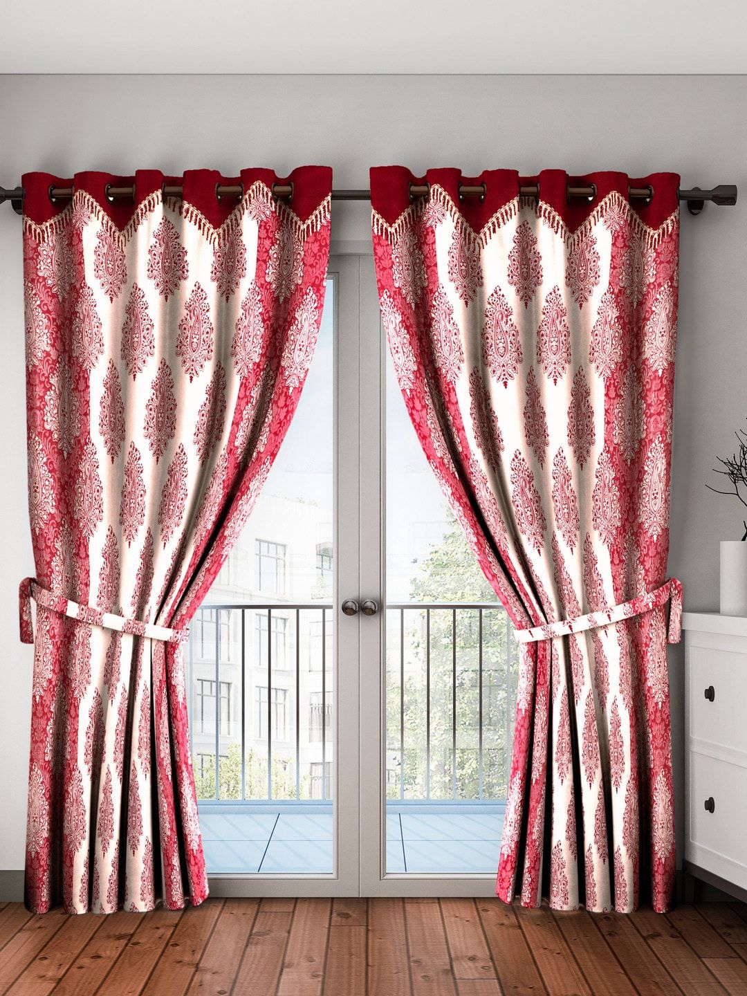 Home Sizzler White & Maroon Set of 2 Long Door Curtains Price in India