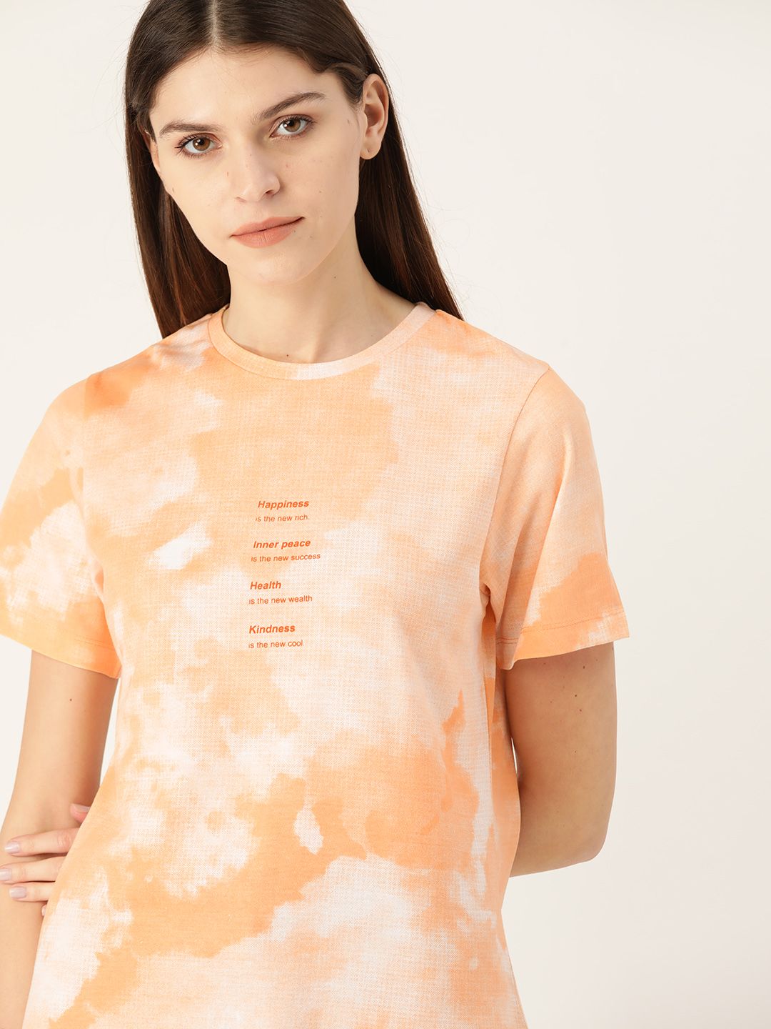 ether Women Peach-Coloured & White Dyed Round Neck T-shirt