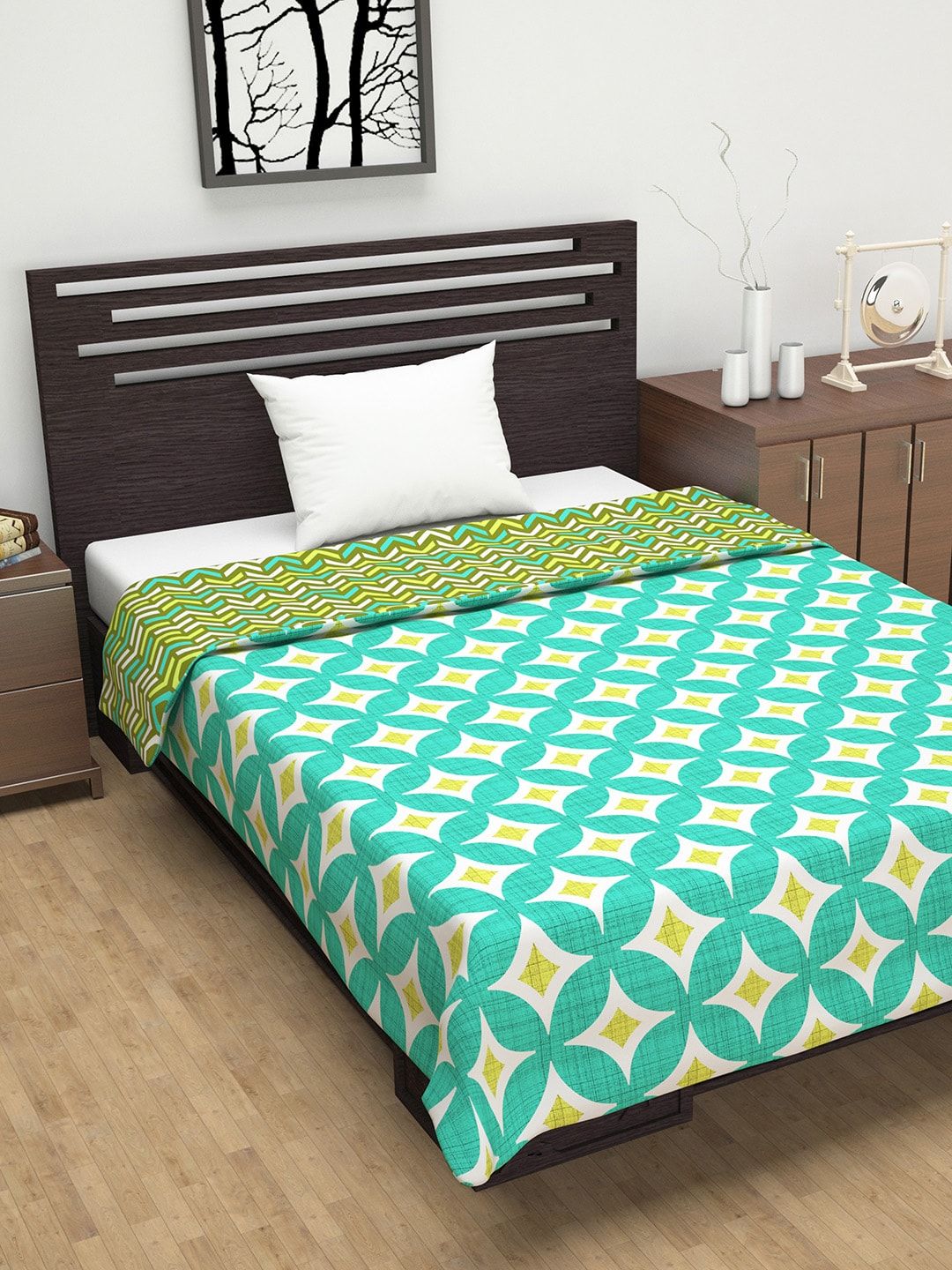 Divine Casa Turquoise Blue & Yellow Abstract AC Room 110 GSM Single Bed Dohar Price in India