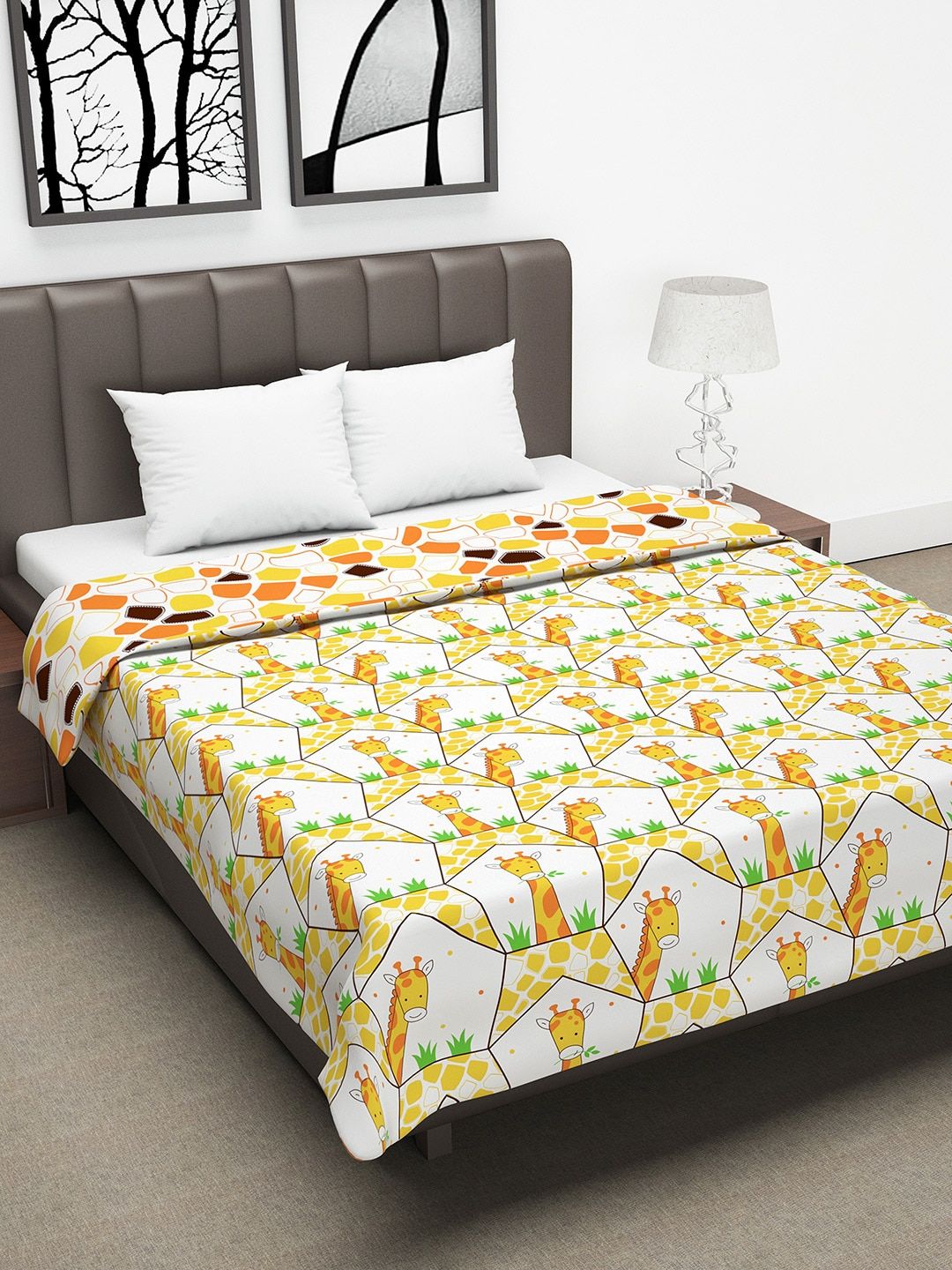 Divine Casa Yellow & Orange Cartoon Characters AC Room 110 GSM Double Bed Dohar Price in India