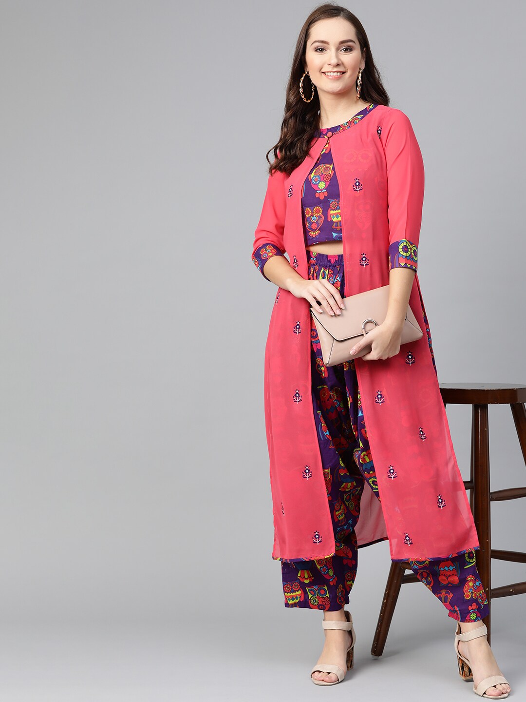 Pannkh Women Purple & Coral Pink Printed Top with Dhoti Pants & Layer Price in India