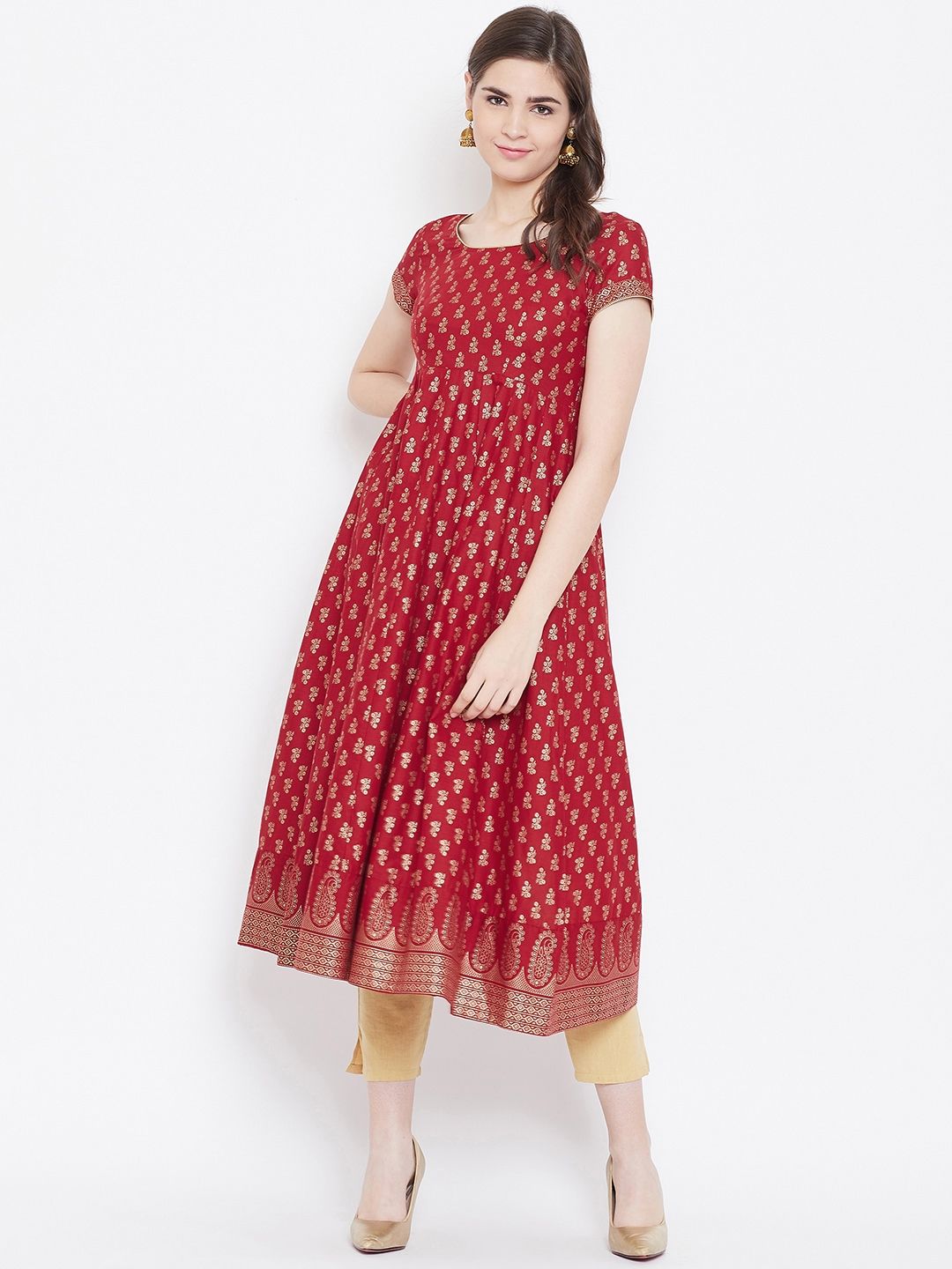 Poshak Hub Women Maroon & Golden Printed Anarkali Kurta Price in India