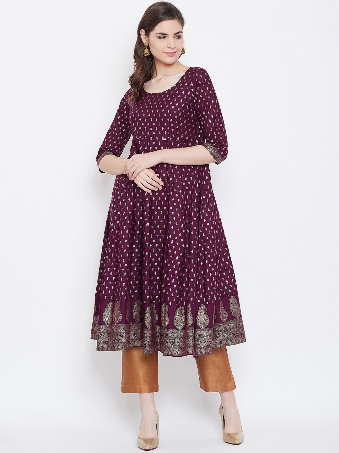 Poshak Hub Women Aubergine & Golden Printed Anarkali Kurta Price in India