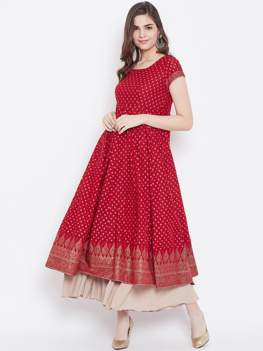 Poshak Hub Women Red & Golden Printed Anarkali Kurta Price in India