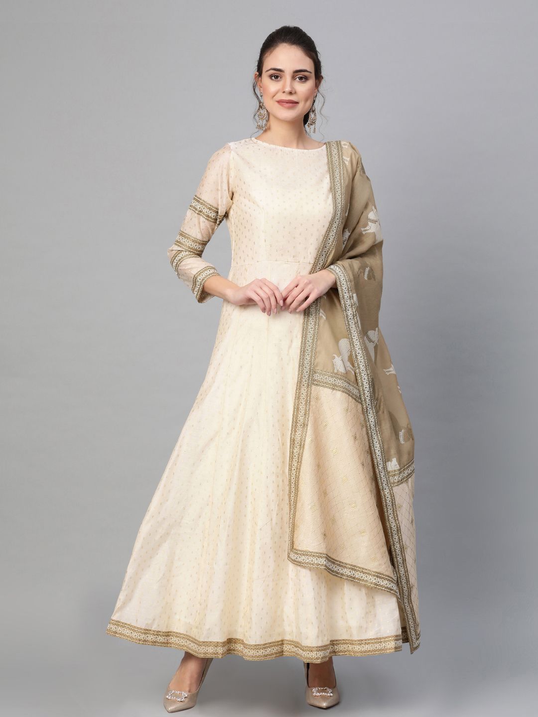 Ahalyaa Women Cream-Coloured & Golden Printed Anarkali Kurta with Dupatta Price in India