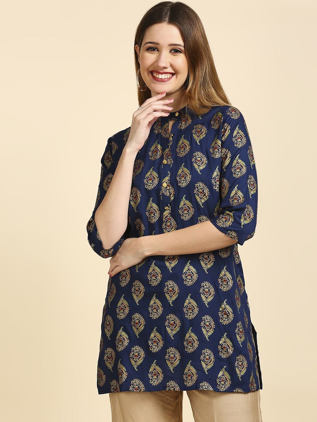 Anubhutee Women Teal Blue & Golden Printed Kurti Price in India