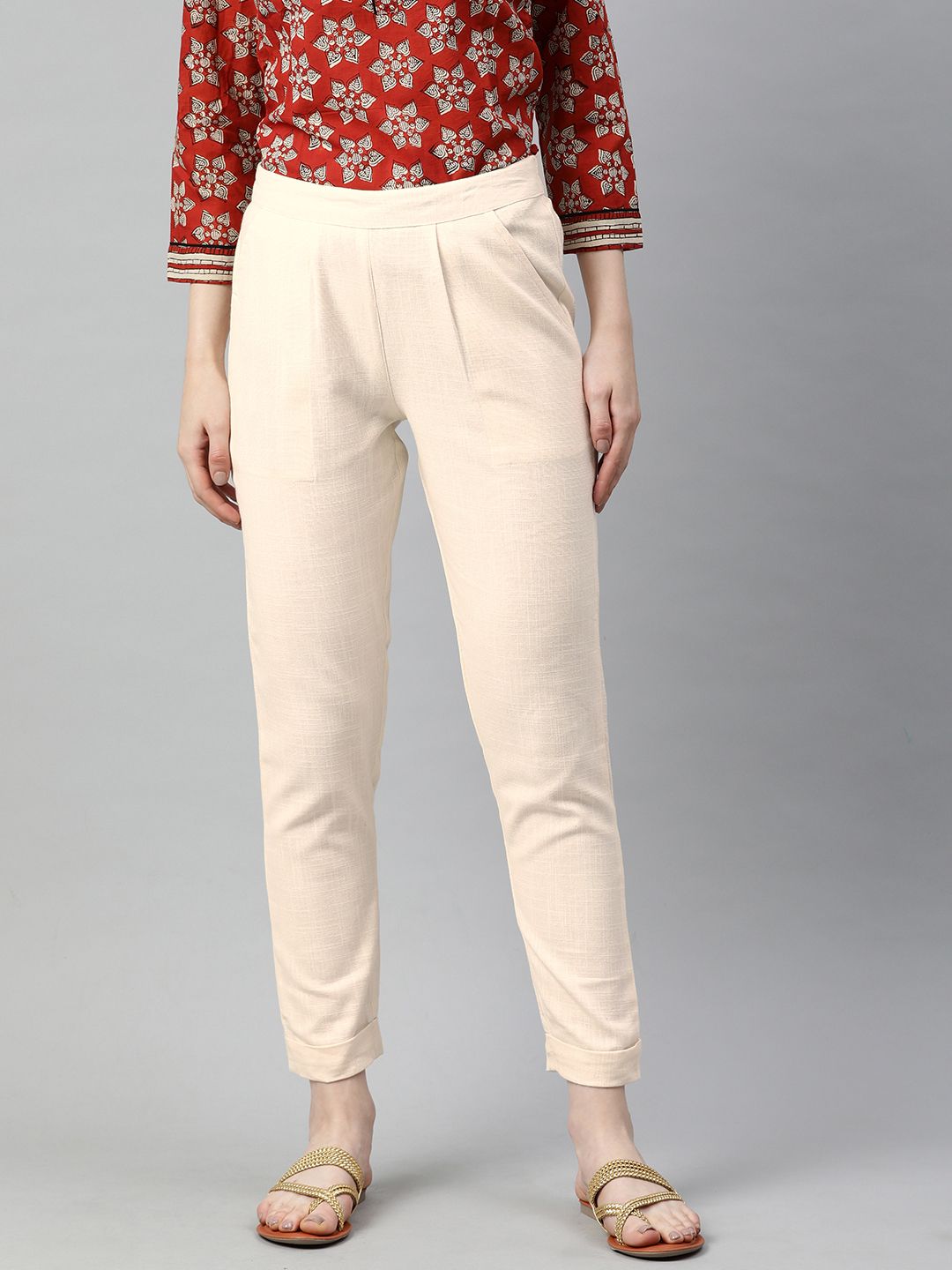 Jaipur Kurti Women Off-White Cropped Trousers Price in India
